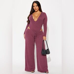 Fashion Nova Deep V Plum Jumpsuit
